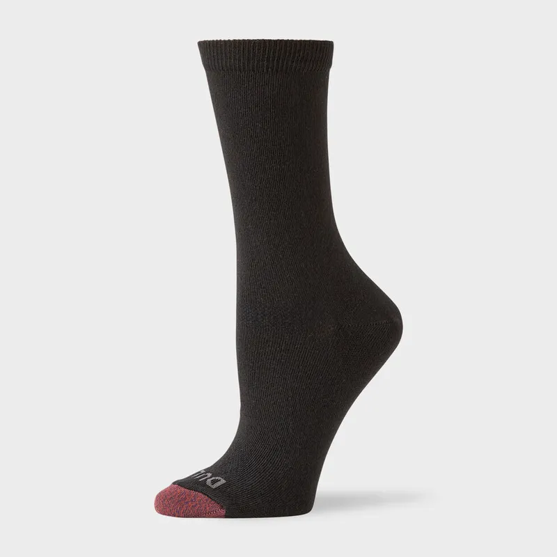 Charcoal ribbed crew sock standing upright, its toe and heel in contrast red