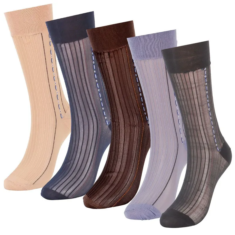 Five over-the-calf dress socks in beige, navy, brown, lilac and grey, fanned out