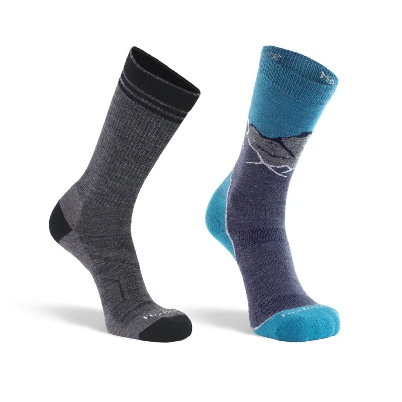 Hiking socks in charcoal marl and blue standing side by side