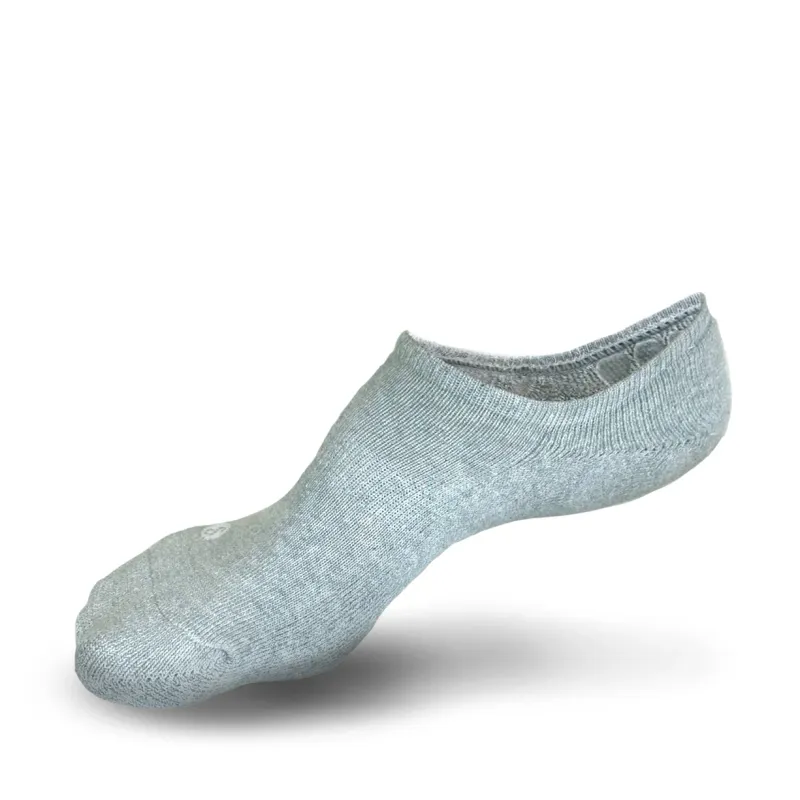Pale grey no-show sock lying flat, its grip band visible inside the heel