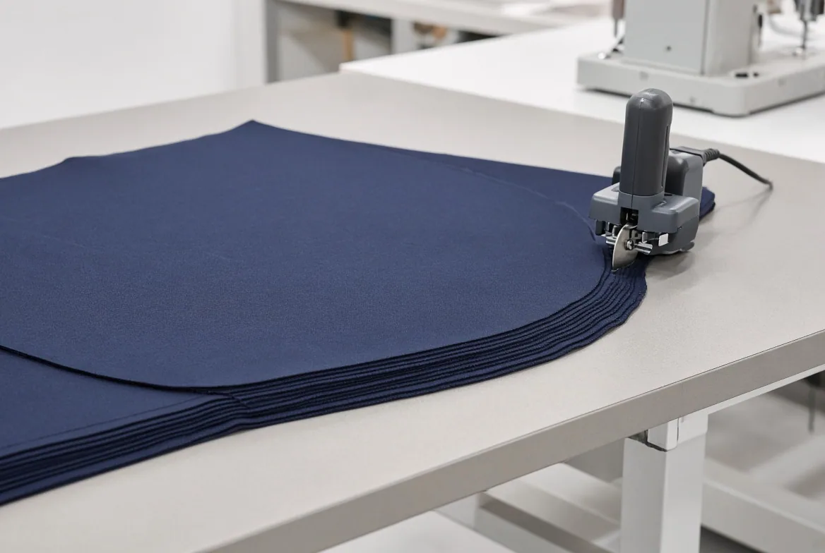 A stack of cut navy panels being trimmed by a handheld cutting machine on a white table
