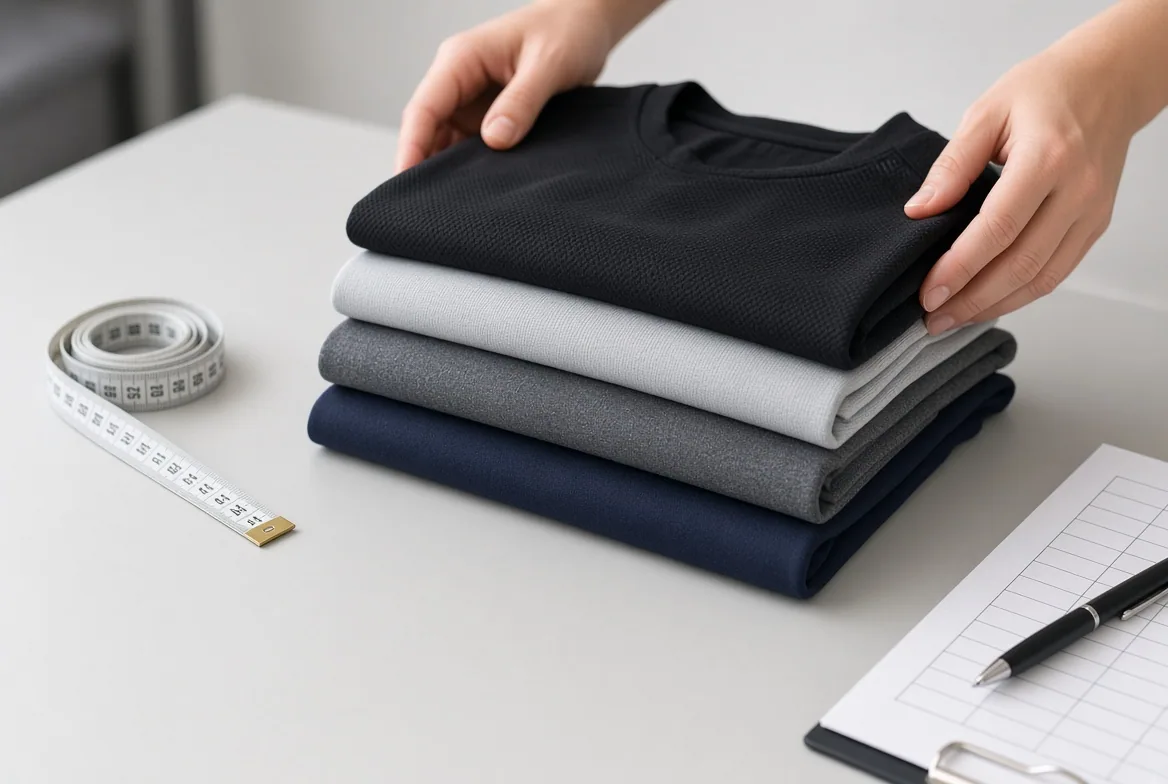 Hands folding a stack of black, grey and navy knit tops beside a tape measure and a clipboard