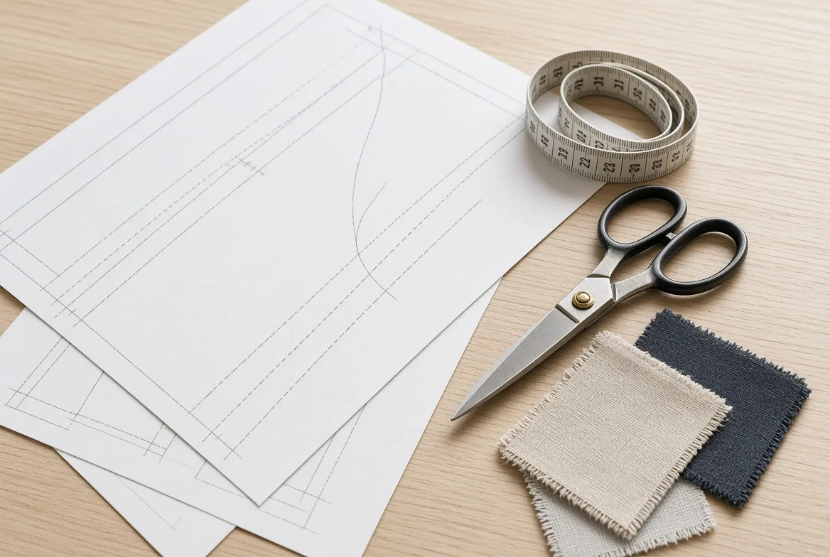 Pattern paper ruled with drafting lines, tailor’s shears, a rolled tape measure and cloth swatches on a pale desk