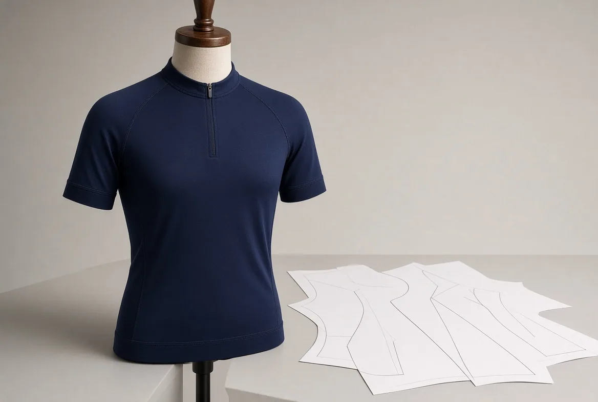 A navy half-zip top fitted on a dress form beside a stack of white paper patterns