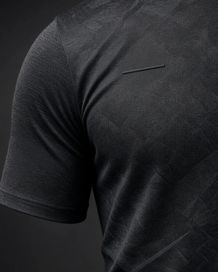 Dark performance tee shoulder detail carrying a small printed logo