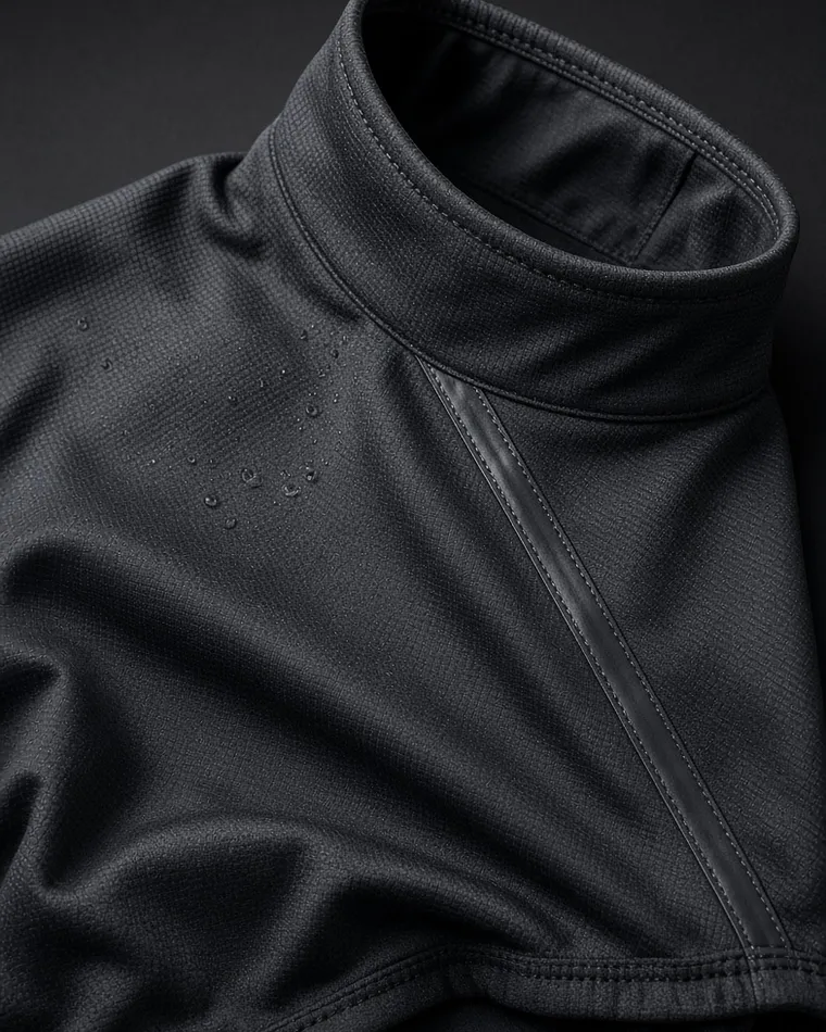 Black performance jacket collar with a raised zip and a bonded finish