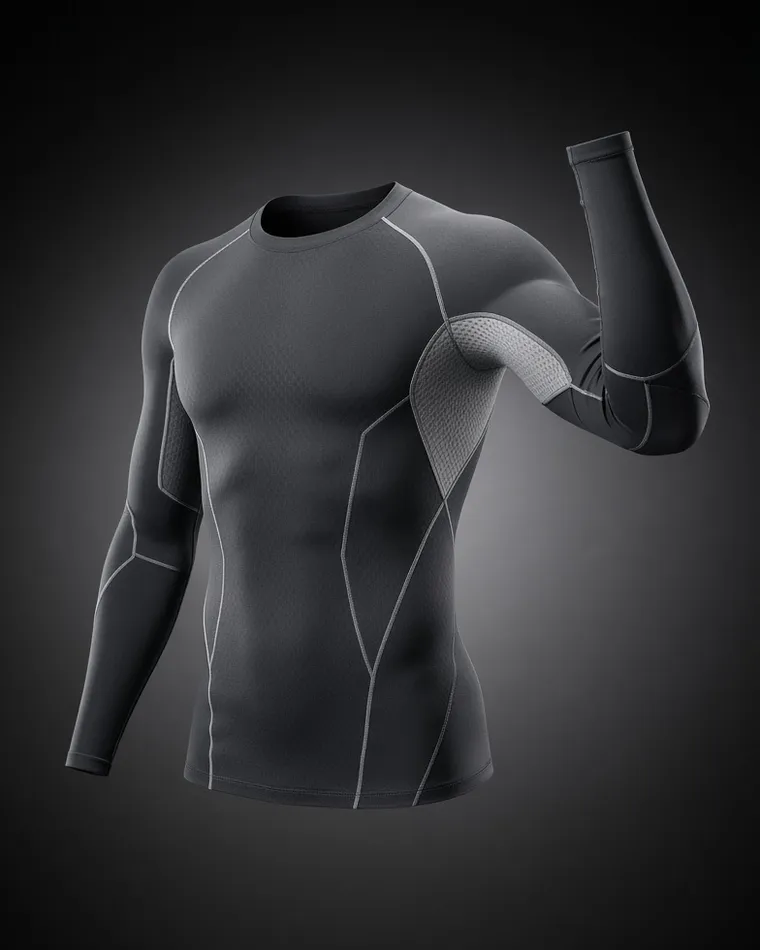 Fitted compression top with contrast panel seams, on a dark backdrop