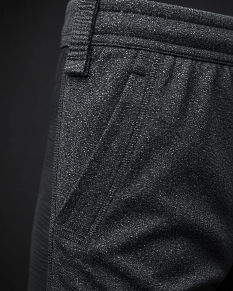 Dark knit garment detail showing pocket topstitching and a seam line