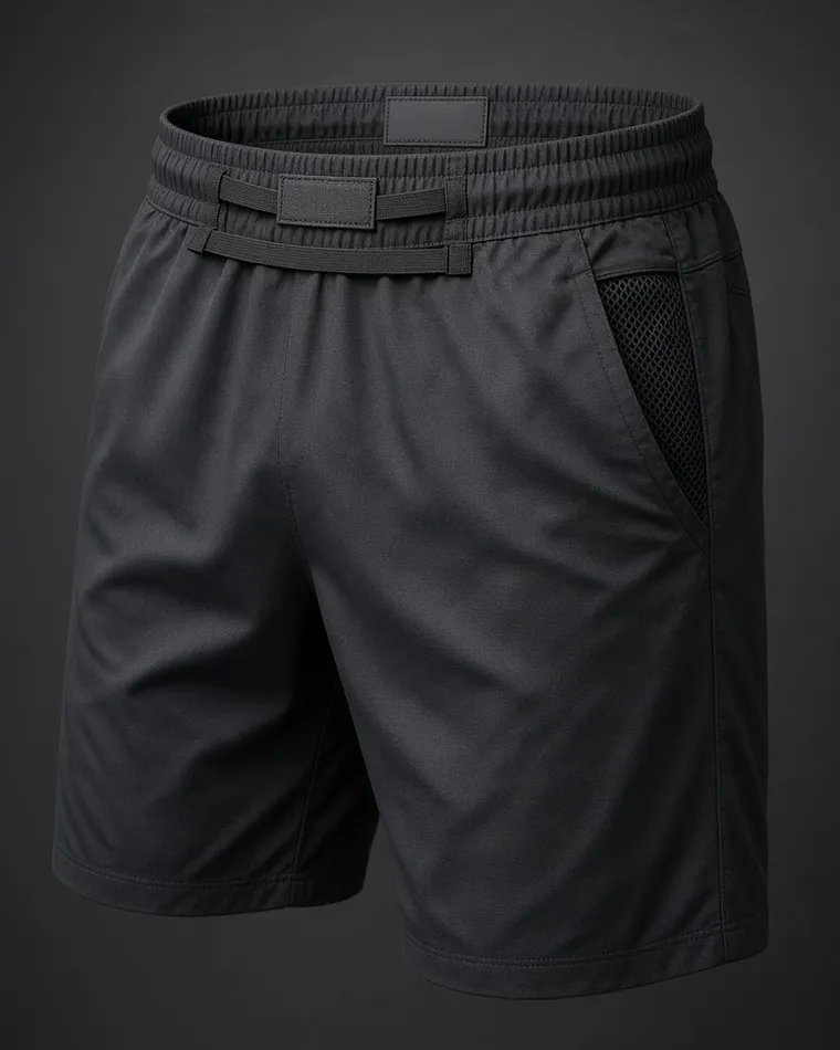 Black performance shorts detail showing the elasticated waistband and drawcord trim