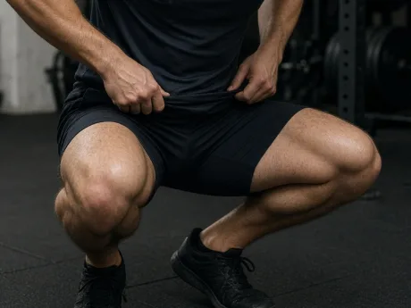 Person in a deep squat position in a black training top and shorts