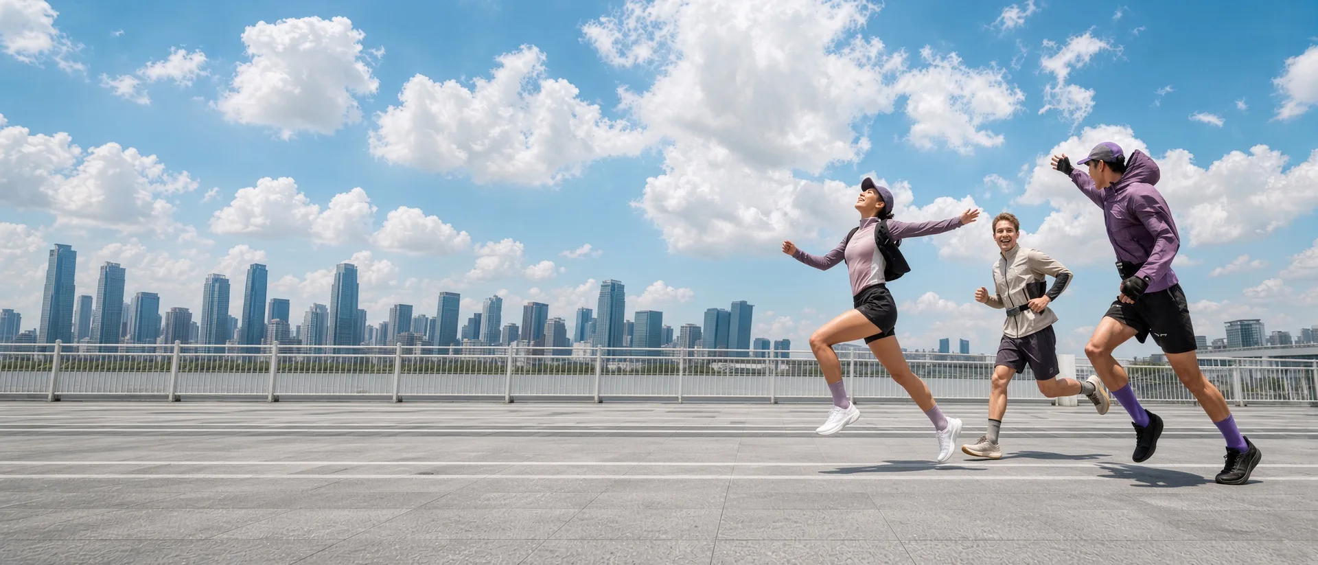 Three runners in athletic wear mid-stride on a city promenade, with a skyline and open sky behind them