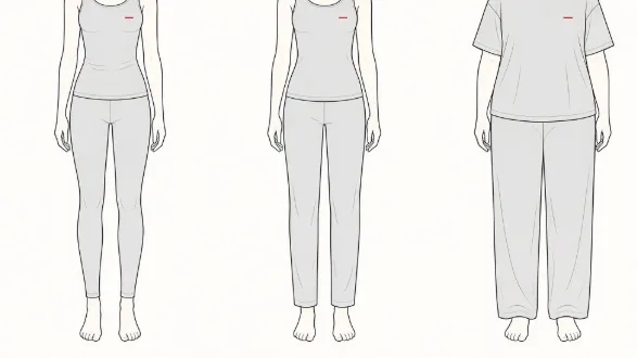 Fit diagram showing three figures in fitted, semi-fitted and loose-fit activewear