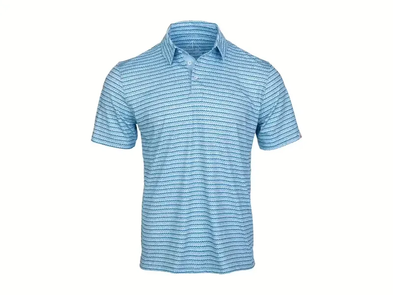 Blue striped performance polo shirt on an invisible mannequin