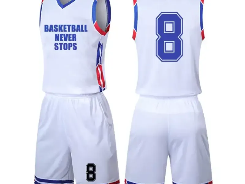 Two white and blue basketball jerseys with printed numbers, front and back flat-lay