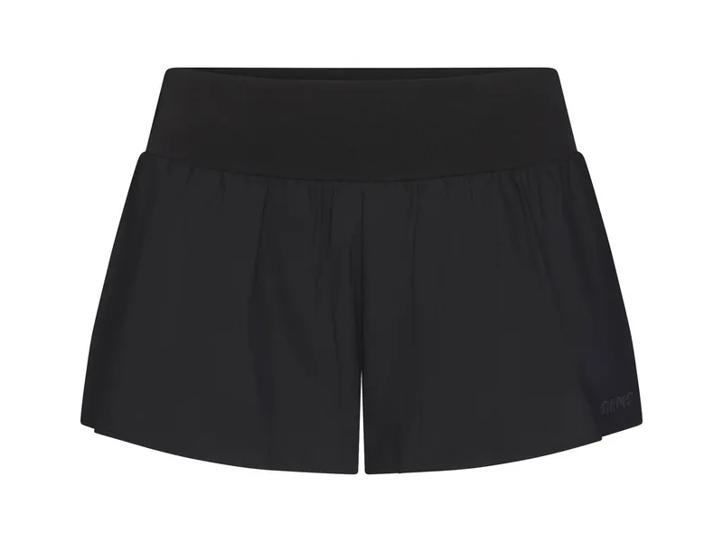 Black running shorts with a wide elasticated waistband, shown flat