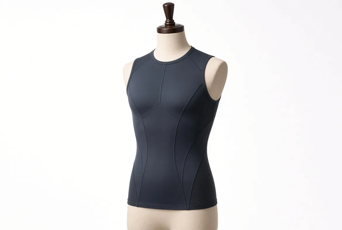 Dark sleeveless training top pinched onto a dressmaker’s form, mesh panels running down each side