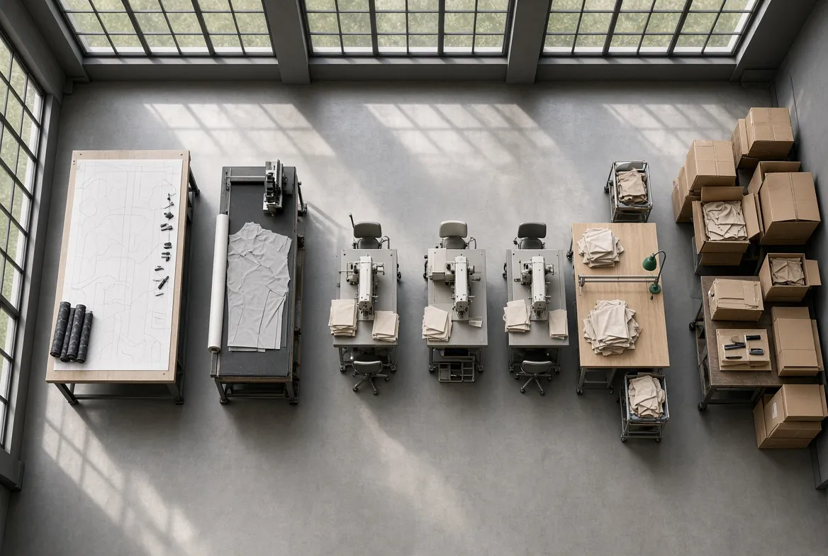 Sewing machines, a cutting table and stacked cartons arranged across one open factory floor