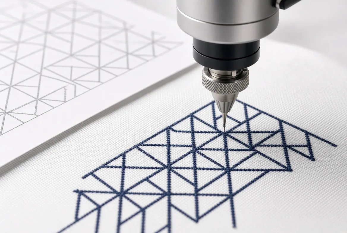 An embroidery head stitches a navy geometric mark into a white panel, the artwork sheet beside it