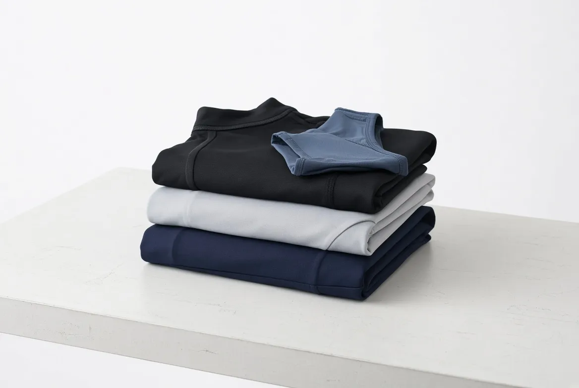 Folded black, grey and navy tops stacked beneath a folded sports bra on a pale table
