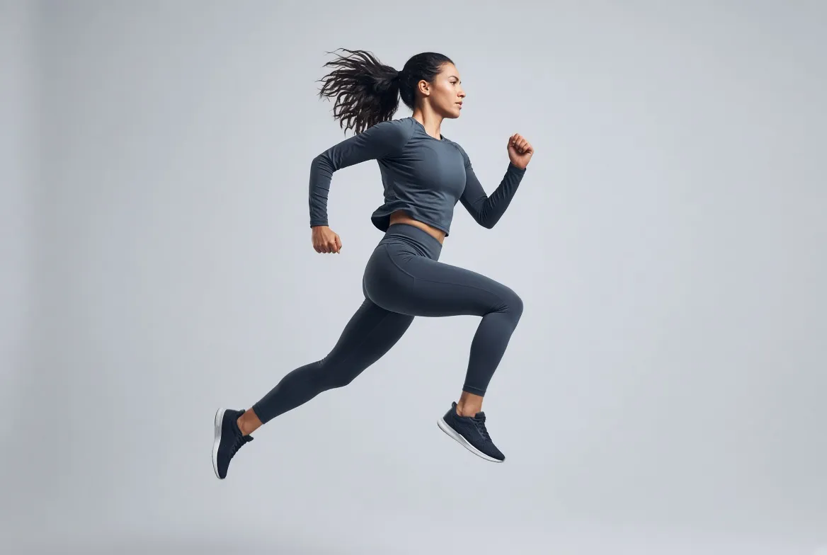 Mid-stride, a runner trains in a grey long-sleeve top and matching leggings