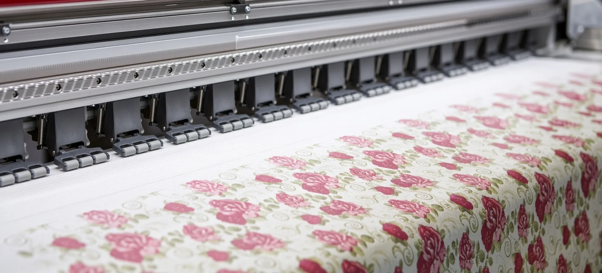 A wide-format sublimation printer running a floral-printed roll of fabric off the print bar