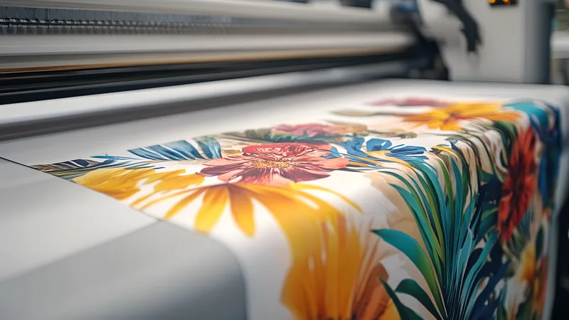 Tropical floral all-over print covering a length of fabric on a sublimation printer’s bed
