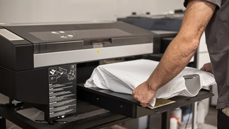 Hands loading a folded white garment onto the platen of a sublimation heat press