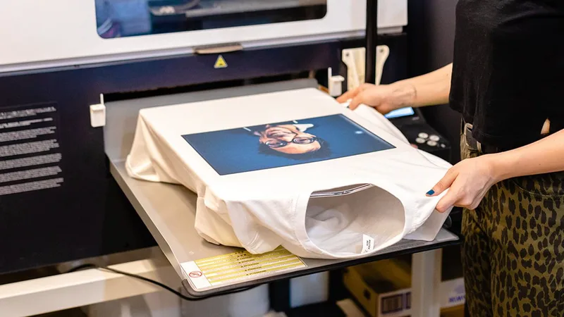 White tee on a printer bed with a photographic portrait printed across the front