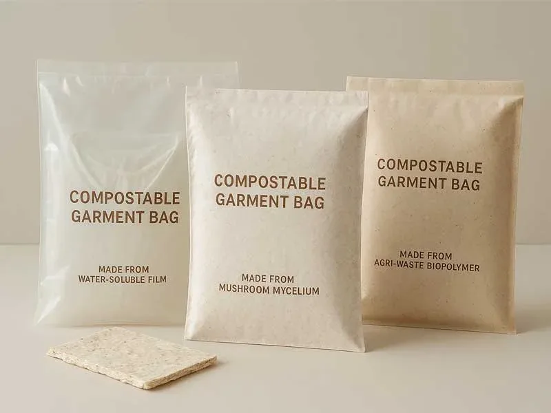 Three compostable garment bags in water-soluble film, mushroom mycelium and agri-waste biopolymer