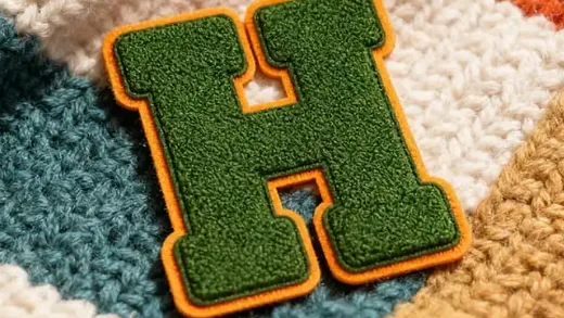 A green chenille letter patch with an orange stitched edge on a chunky knit