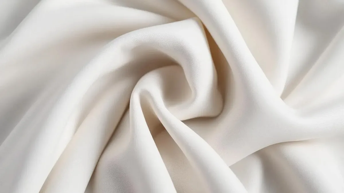 Close-up of smooth ivory cotton-poly fabric falling in soft folds