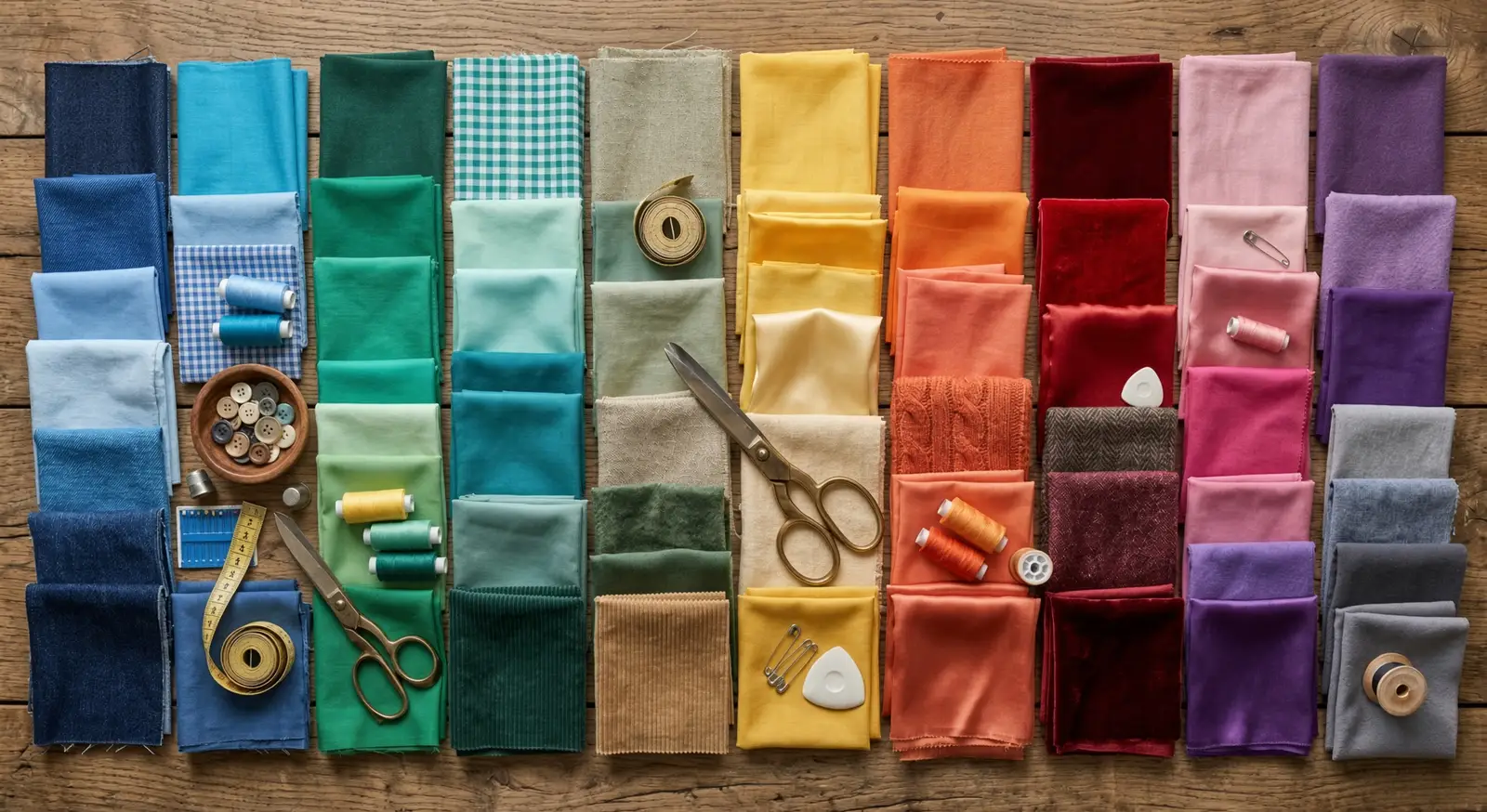 A flat lay of folded fabric swatches arranged by colour on a wooden table, with scissors, thread spools, buttons and a tape measure
