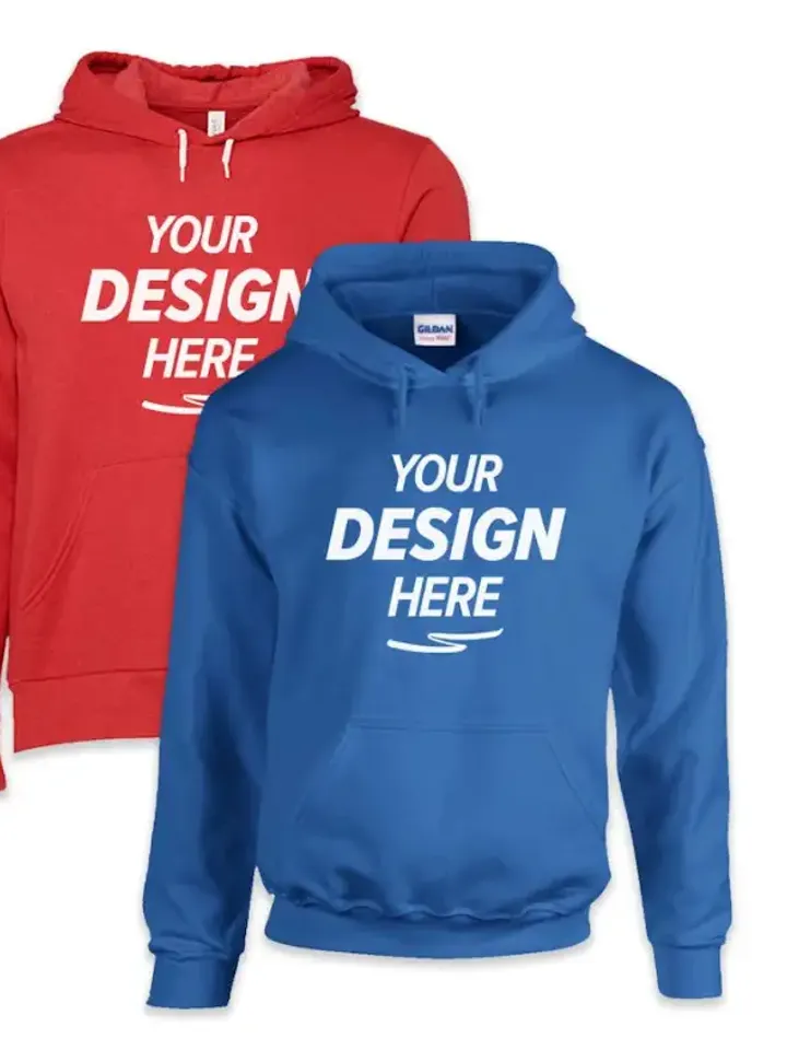 Flat-lay of a plain blue hooded sweatshirt with a blank chest