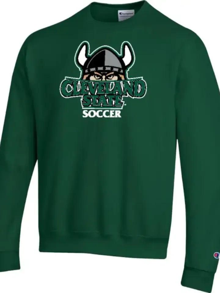 Flat-lay of a green crewneck sweatshirt with a team crest print
