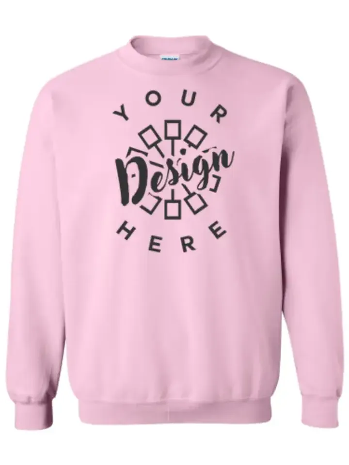 Flat-lay of a pink crewneck sweatshirt with a circular chest print