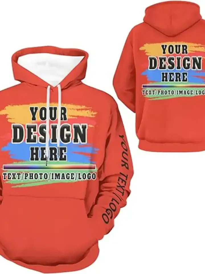 Flat-lay of a red pullover hoodie shown front and back with a brush-stroke chest print