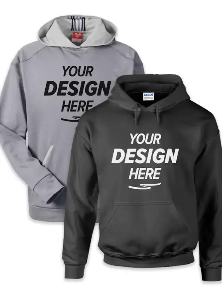 Flat-lay of two hooded sweatshirts — a grey raglan style and a black pullover