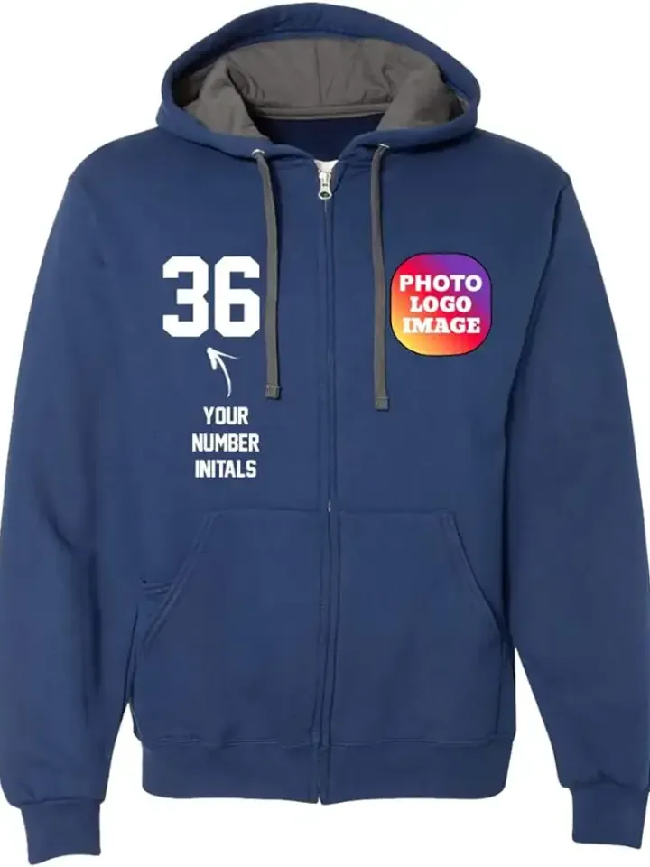 Flat-lay of a navy full-zip hooded sweatshirt with a chest number print and a round logo badge