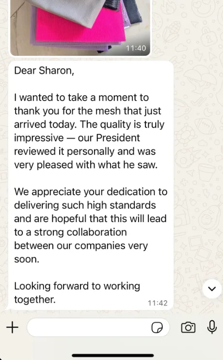A customer message from Adebayo Okafor about the mesh quality
