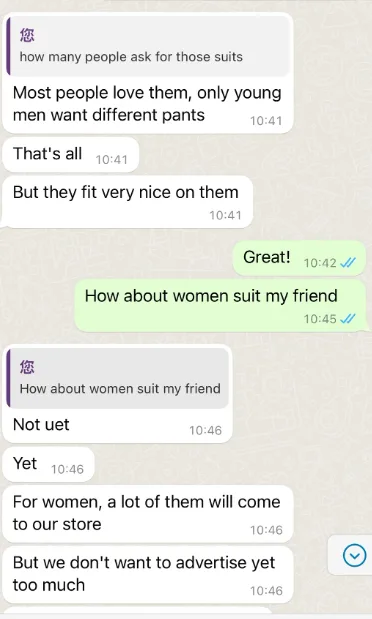 Chat screenshot from Tunde Adeleke about how the suits fit