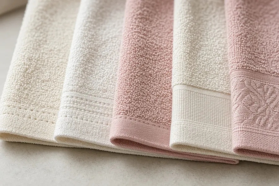 Five folded towels fanned out to show their hems, from a plain turn to a patterned border