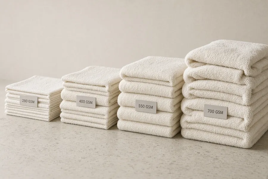 Stacks of folded white towels rising in height, each with a labelled kraft tag