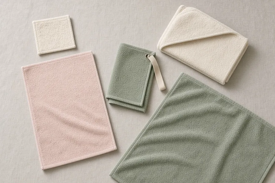 Several towel sizes laid flat, from a small square cloth to a full-size bath towel, one with a hanging loop