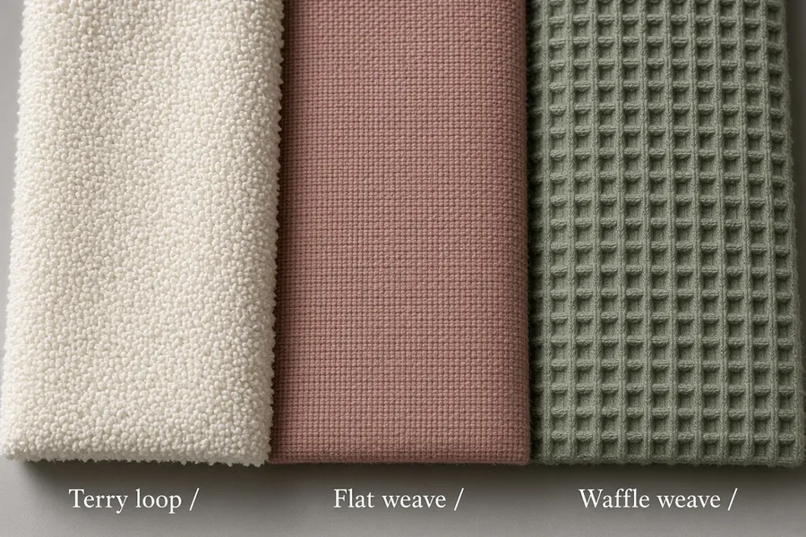 Three cloths side by side — a cream terry loop, a pink flat weave and a sage waffle weave
