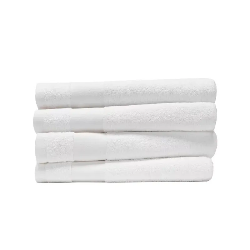 Four white terry bath towels stacked, a woven band along the folded edge