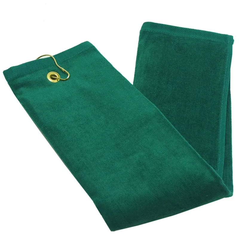 Folded green golf towel with a brass grommet and hook at one corner