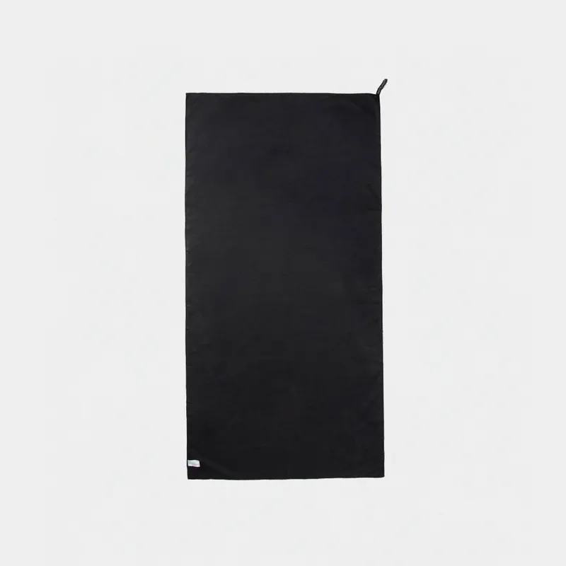 Black gym towel photographed flat on a pale ground, a hanging loop at one corner