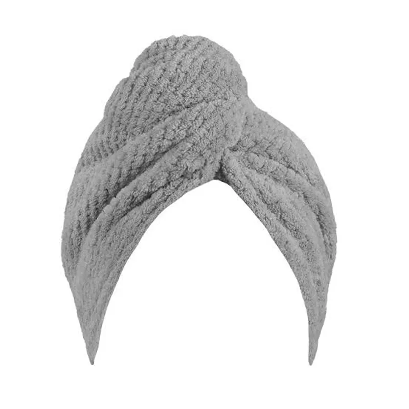 Grey towelling hair turban photographed twisted, its ends hanging loose