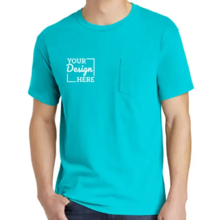 Custom pocket t-shirt in teal with a woven chest label