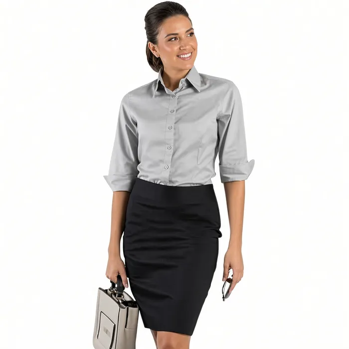 A woman in a grey workwear shirt and black pencil skirt